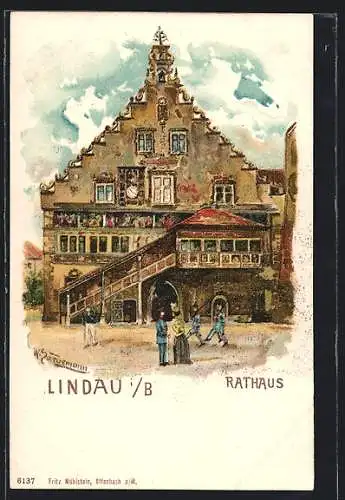 Künstler-Lithographie Lindau / Bodensee, Rathaus mit Soldaten