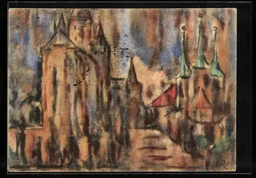 Künstler-AK Erfurt, Dom und Severi-Kirche, Aquarell von Christian Rohlfs