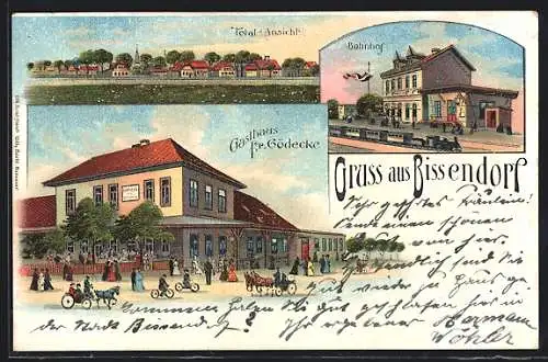 Lithographie Bissendorf / Wietze, Gasthaus F. Gödecke, Bahnhof