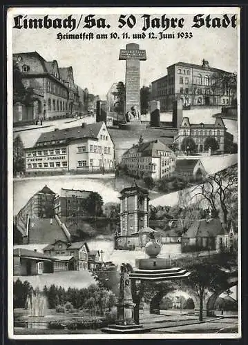 AK Limbach / Sa., Heimatfest 1933, 50 Jahre Stadt, verschiedene Gebäude & Denkmäler in der Stadt