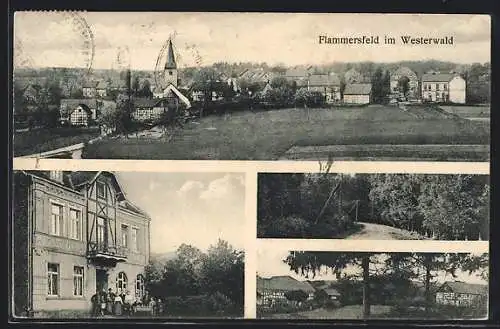 AK Flammersfeld im Westerwald, Gasthof von Z. Apfel, Ortsansicht mit Kirche