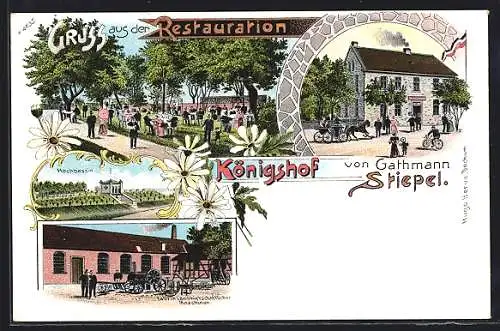 Lithographie Königshof, Gasthaus von Gathmann Sriepel mit Gartenlokal, Hochbassin und Maschinenfabrik