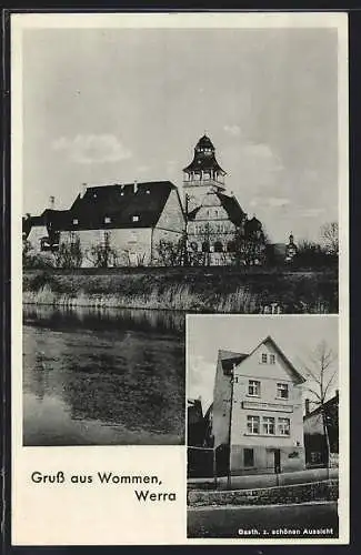 AK Wommen /Werra, Gasthaus zur schönen Aussicht, Ortsansicht über den Fluss