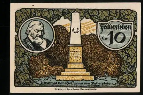 Notgeld Fallersleben 1920, 10 Pfennig, Denkmal von Hoffmann von Fallersleben