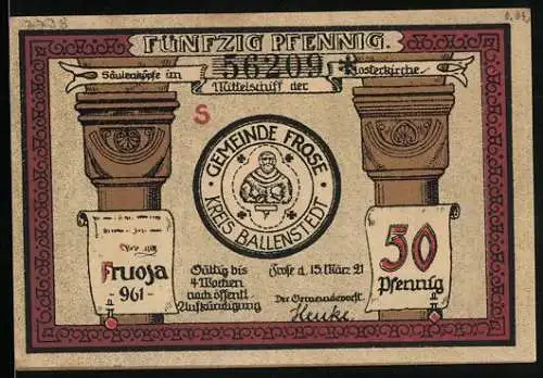 Notgeld Frose in Anhalt 1921, 50 Pfennig, Nonnenstift und Mönchskloster