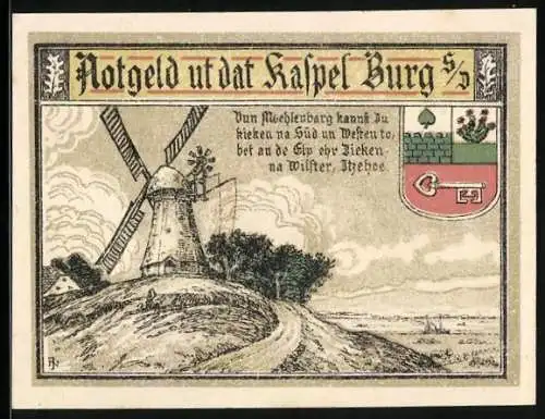 Notgeld Burg s. D. 1916, 50 Pfennig, Windmühle und altes Bauernhaus