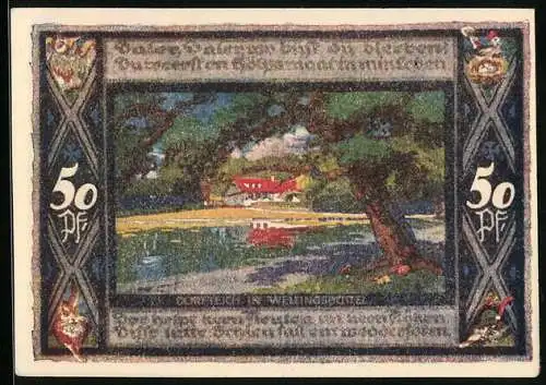 Notgeld Poppenbüttel 1921, 50 Pfennig, Dorfteich in Wellingsbüttel, Wappen