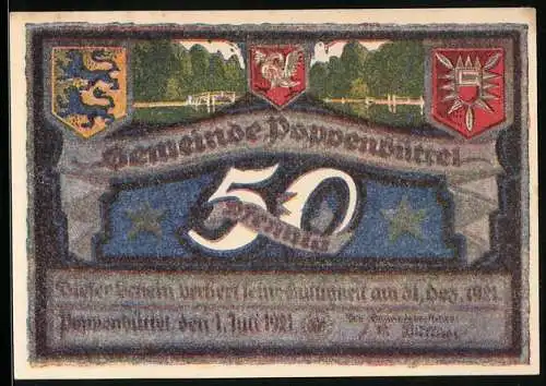 Notgeld Poppenbüttel 1921, 50 Pfennig, Wappen, Dorfteich in Wellingsbüttel