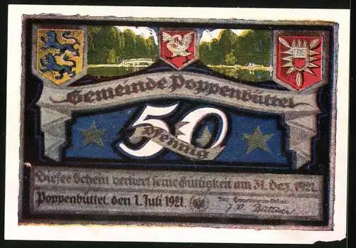 Notgeld Poppenbüttel 1921, 50 Pfennig, Malerecke an der Alster, Wappen