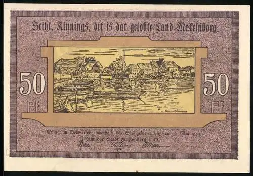 Notgeld Fürstenberg i. M. 1922, 50 Pfennig, Uferpartie mit Booten, Kirche