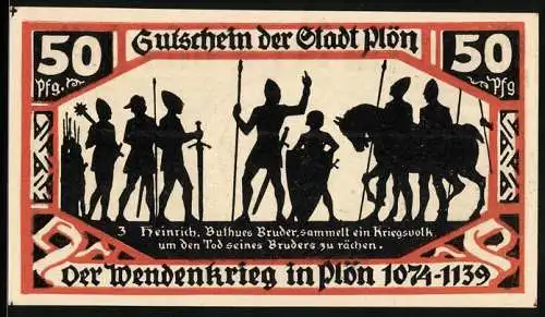 Notgeld Plön 1921, 50 Pfennig, Wappen, Wendenkrieg: Heinrich sammelt ein Kriegsvolk