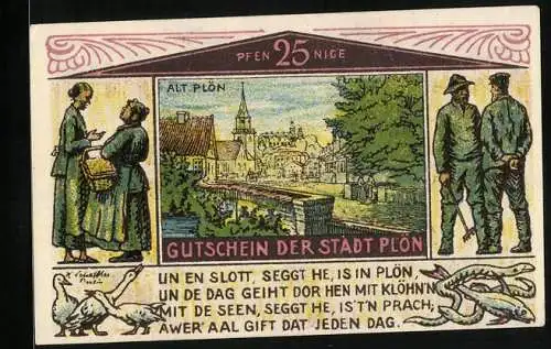 Notgeld Plön 1921, 25 Pfennig, Fischerei, Alt-Plön, Gänse, Fische, Bäuerinnen und Fischer