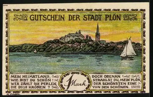 Notgeld Plön 1921, 1 Mark, Wappen, Ortsansicht mit Segelboot