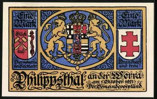 Notgeld Philippsthal an der Werra 1921, 1 Mark, Wappen, Genesener, Kursaal, Sanitas