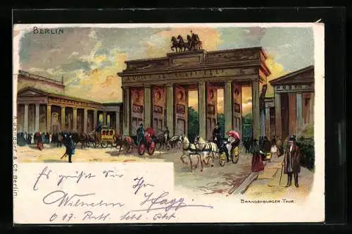 Lithographie Berlin, Kutschen am Brandenburger Tor