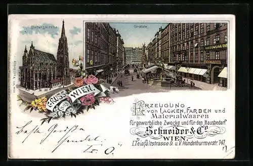 Lithographie Wien, Graben mit Springbrunnen und Geschäften, Stefanskirche