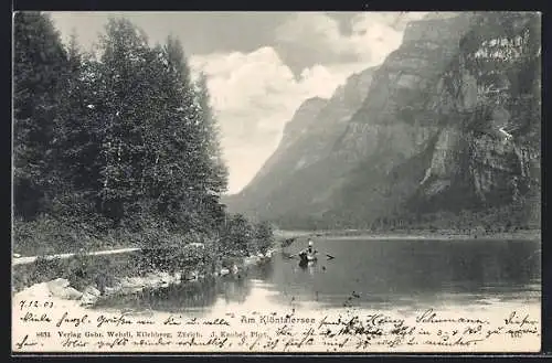 AK Glarus, Klöntalersee, Uferpartie mit Ruderboot