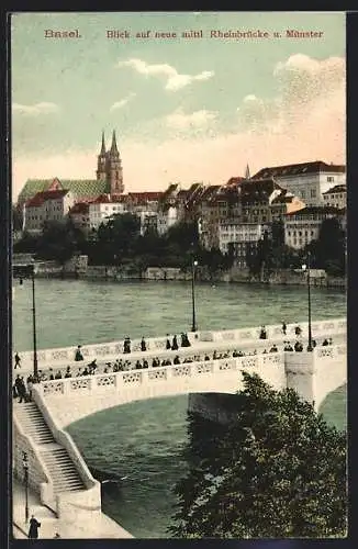 AK Basel, Blick auf neue mittlere Rheinbrücke und Münster