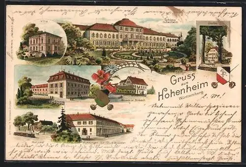 Lithographie Hohenheim /Würt., Bahnhof, Villa, Gasthof Hirsch in Birkach, Studenten-Wohnheim