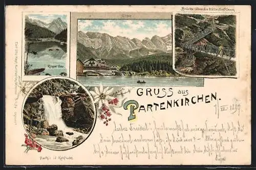 Lithographie Partenkirchen, Brücke über die Höllenthalklamm, Eibsee, Risser See