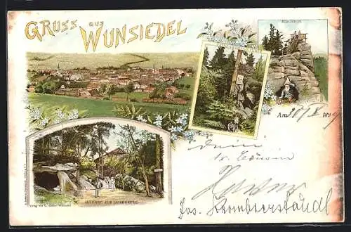 Lithographie Wunsiedel, Aufgang zur Luisenburg, Prinz-Ludwigs-Platz, Burgstein