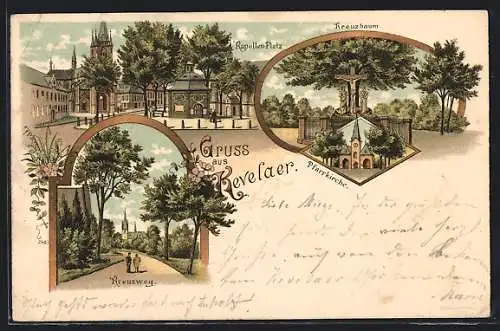 Lithographie Kevelaer, Kreuzbaum, Kapellen-Platz, Pfarrkiche