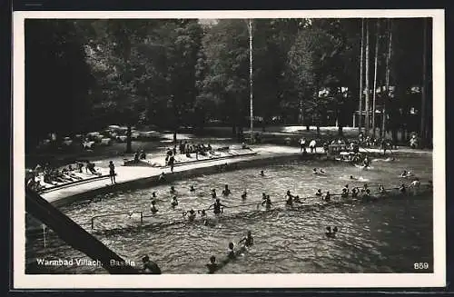 AK Villach, Warmbad Aussenansicht mit Schwimmern