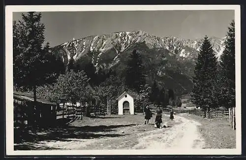 AK Puchberg am Schneeberg, Frauen mit Schäferhund vor Bergpanorama