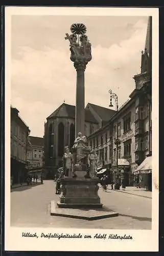 AK Villach, Dreifaltigkeitssäule am Hauptplatz mit Hotel Post