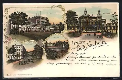 Lithographie Bad Nauheim, Kurhaus, Parkstrasse, Sprudel, Badehaus