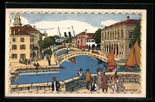 Künstler-AK H. Kalmsteiner: Wien, Adria Ausstellung 1913, Menschen auf Brücke in Venedig