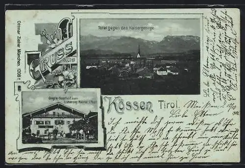 AK Kössen /Tirol, Gogl`s Gasthof zum Erzherzog Rainer, Totalansicht gegen das Kaisergebirge