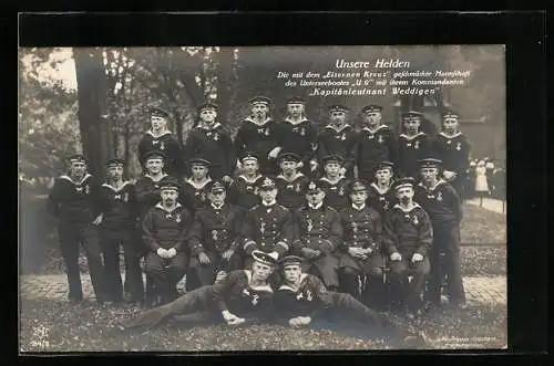 AK Mannschaft des U-Bootes U 9 mit Kapitänleutnant Weddigen