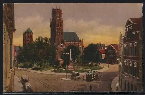 AK Münster i. W., Marienplatz mit Ludgerikirche und Strassenbahn