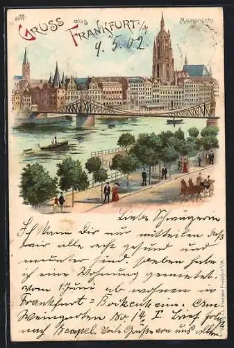 Lithographie Frankfurt, Panorama mit Mainbrücke und Dom