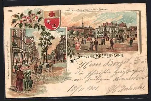 Lithographie Bremerhaven, Markt mit Bürgermeister Smidt Denkmal, Lloydstrasse