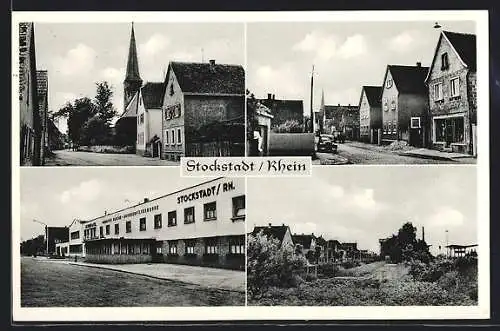 AK Stockstadt / Rhein, Teilansichten, Kirche, Bahnhof