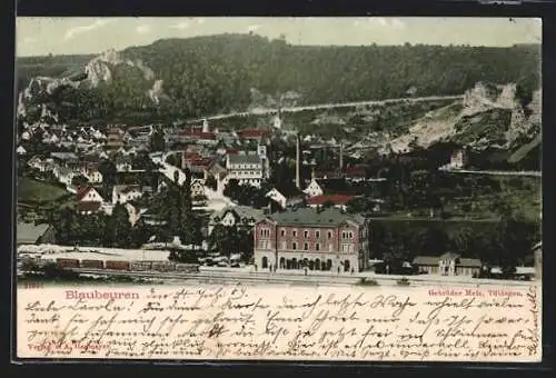 AK Blaubeuren, Gesamtansicht mit Bahnhof und ausfahrendem Personenzug mit Dampflokomotive