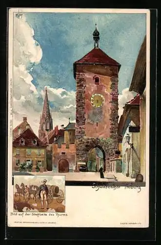 Künstler-Lithographie Heinrich Kley: Freiburg, Schwabenthor, Blick auf der Stadtseite des Thurms