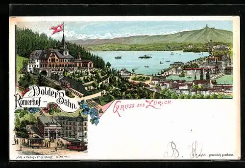 Lithographie Zürich, Dolder Bahn an Haltestelle Römerhof mit Wasserpartie