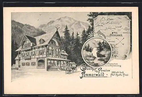 Lithographie Reutte, Gasthof und Pension Ammerwald, Kutsche davor