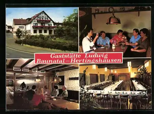 AK Baunatal-Hertingshausen, Die Gaststätte Ludwig, Kegelbahn, Festsaal und Speisezimmer, Grossritter Str. 22