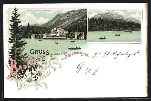 Lithographie Badersee, Hotel & Pension Badersee, See mit Zugspitze