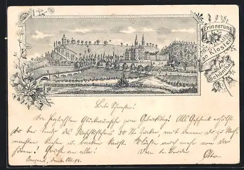 Lithographie Schönthal / Opf., Kloster mit Brücke