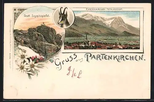 Lithographie Partenkirchen, Östl. Zugspitzengipfel, Fartenkirchen