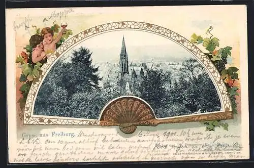 Passepartout-Lithographie Freiburg / Breisgau, Stadtansicht