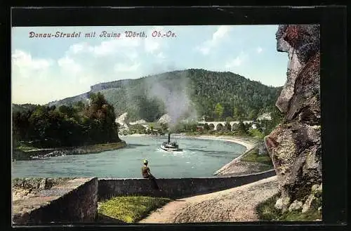 AK Grein, Donau Strudel mit Ruine Wörth und Dampfer