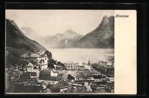 AK Ebensee, Ortsansicht mit Kirche und Fabrik