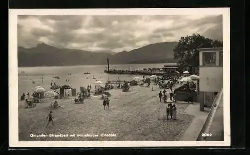 AK Gmunden, Strandbag mit Café schlafender Griechin