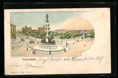 Lithographie Wien, Strassenbahnen am Praterstern